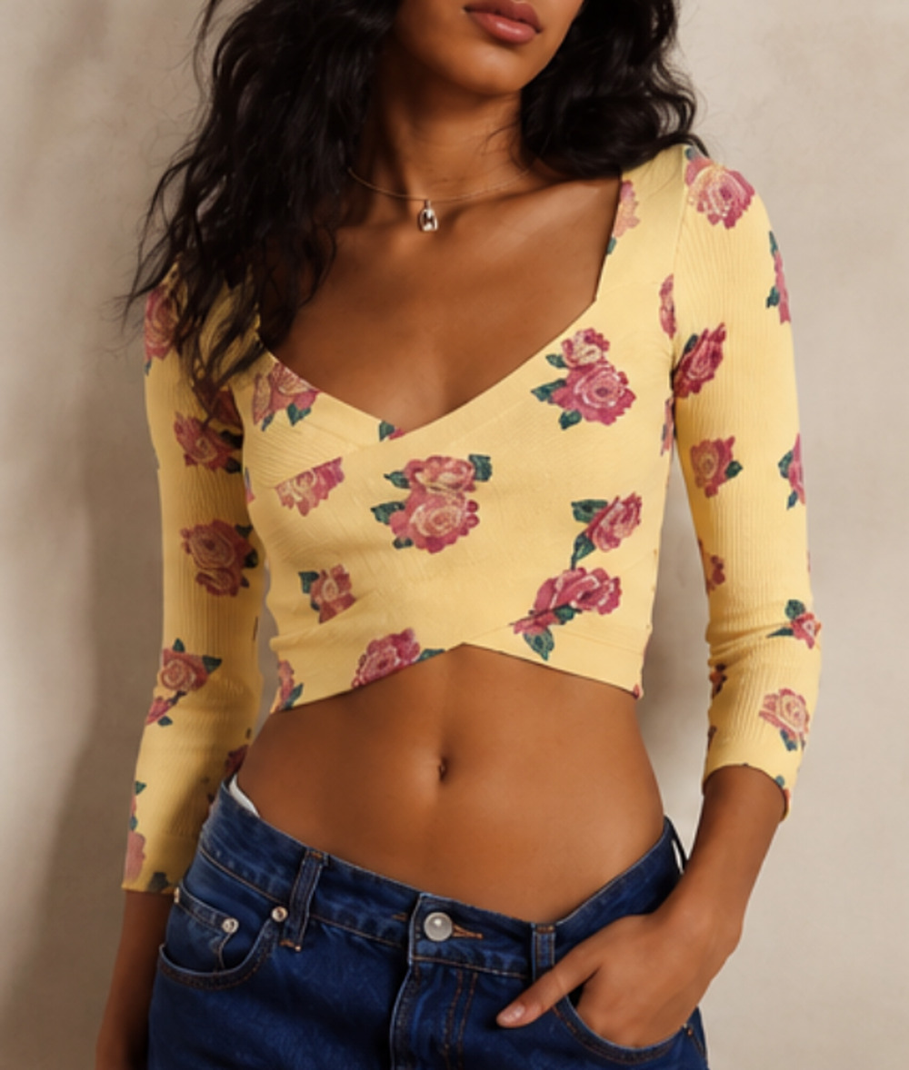 FREE PEOPLE INTIMATELY YELLOW OH HEY CROP WRAP RIBBED PINK FLORAL TOP SHIRT XS